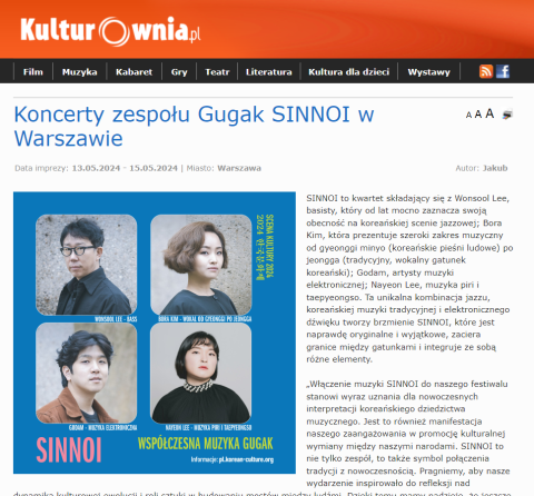 Koncerty zespołu SINNOI w ramach „Miesięcy Koreańskiego Dziedzictwa UNESCO” w mediach