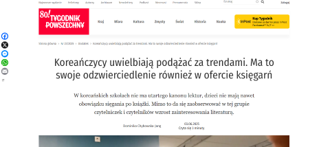 Artykuł o koreańskiej literaturze i rynku wydawniczym w polskiej gazecie Tygodnik Powszechny